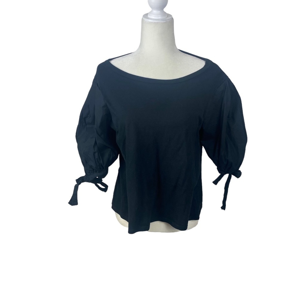 Cinq a sept black T-shirt blouse cotton balloon short sleeve bow detail S small